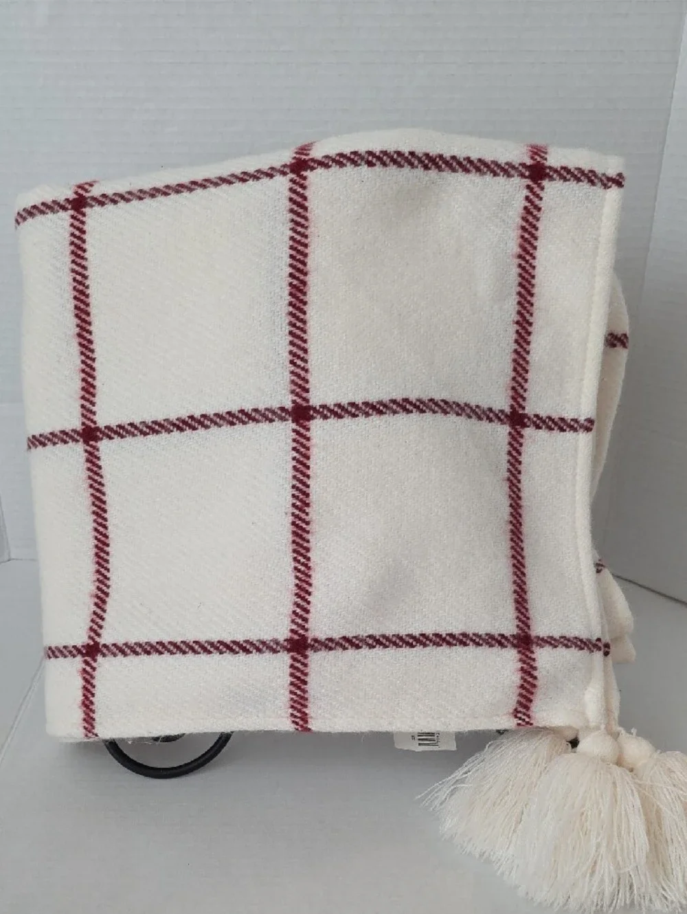 Hearth & Hand White Red Window Pane Tassels Woven Throw